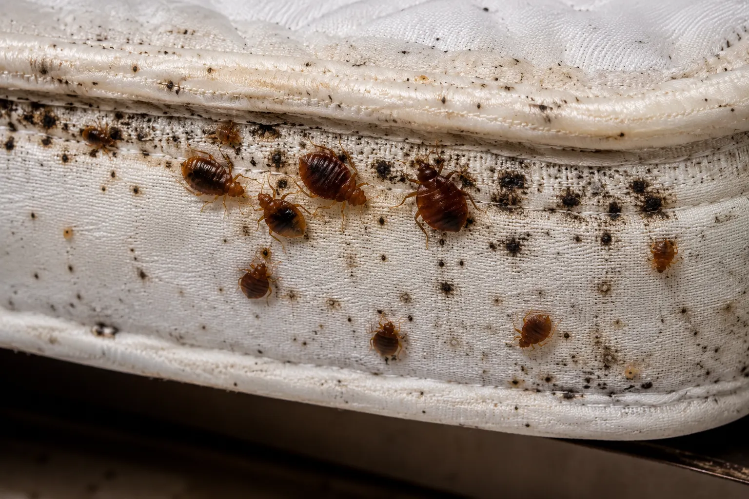 A cluster of bed bugs and dark fecal spotting along a mattress seam, the kind of infestation Best Pest Care's bed bug control treatment targets