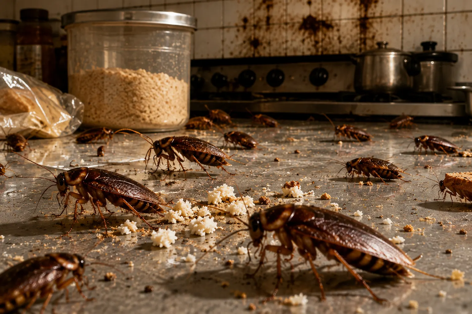 A cockroach infestation swarming across a kitchen counter and food storage containers, the kind of hidden breeding activity Best Pest Care's cockroach control treatment targets