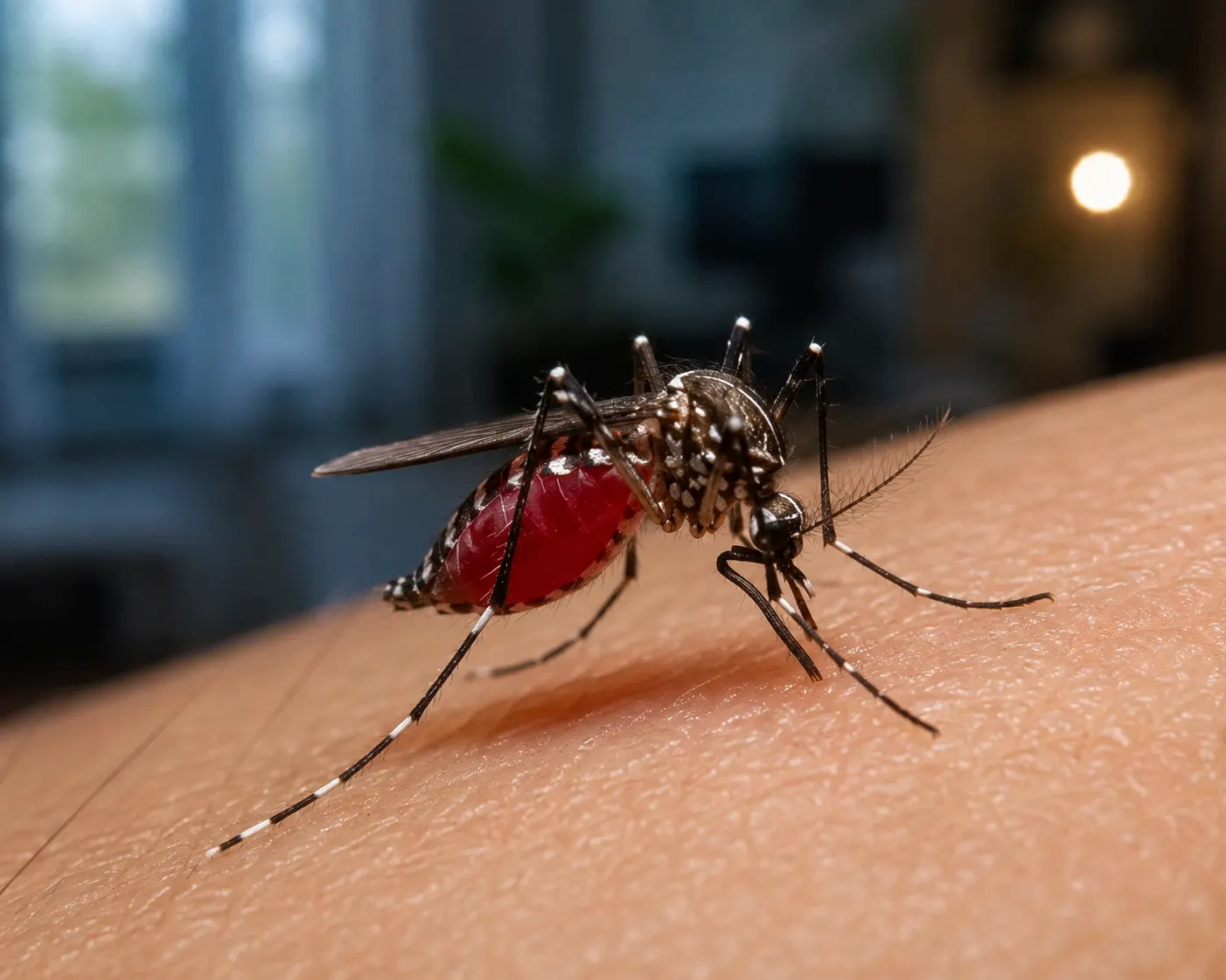 A mosquito biting bare skin indoors, the kind of persistent indoor activity Best Pest Care's mosquito control treatment is designed to stop