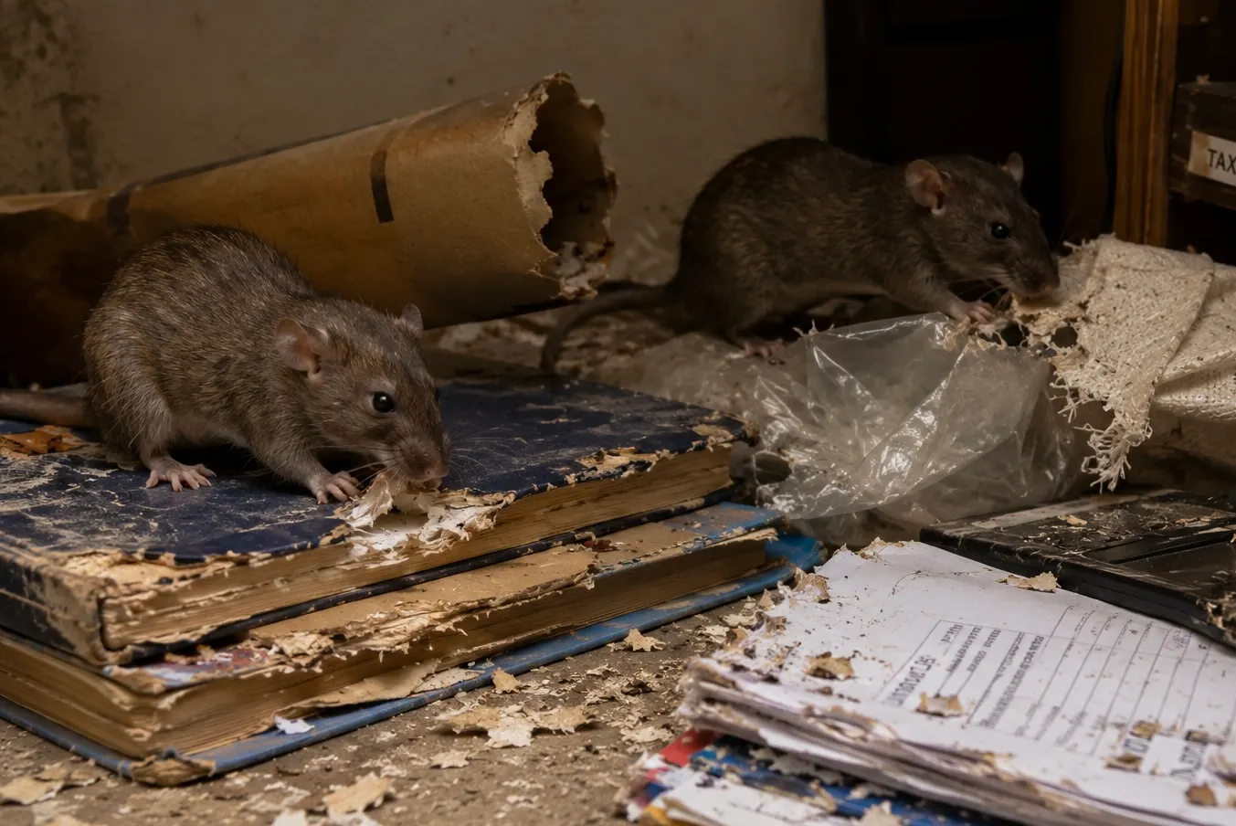 Two rats chewing through stored papers, cardboard, and books in a cluttered storage area, the kind of gnawing and contamination Best Pest Care's rat and rodent control treatment stops