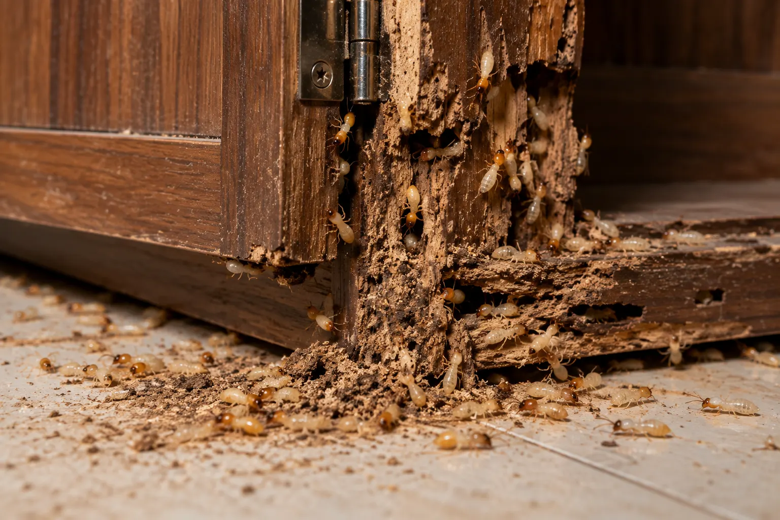 A termite colony feeding on a damaged wooden door frame and hinge, with mud and debris scattered on the floor below, the kind of structural damage Best Pest Care's termite control treatment addresses